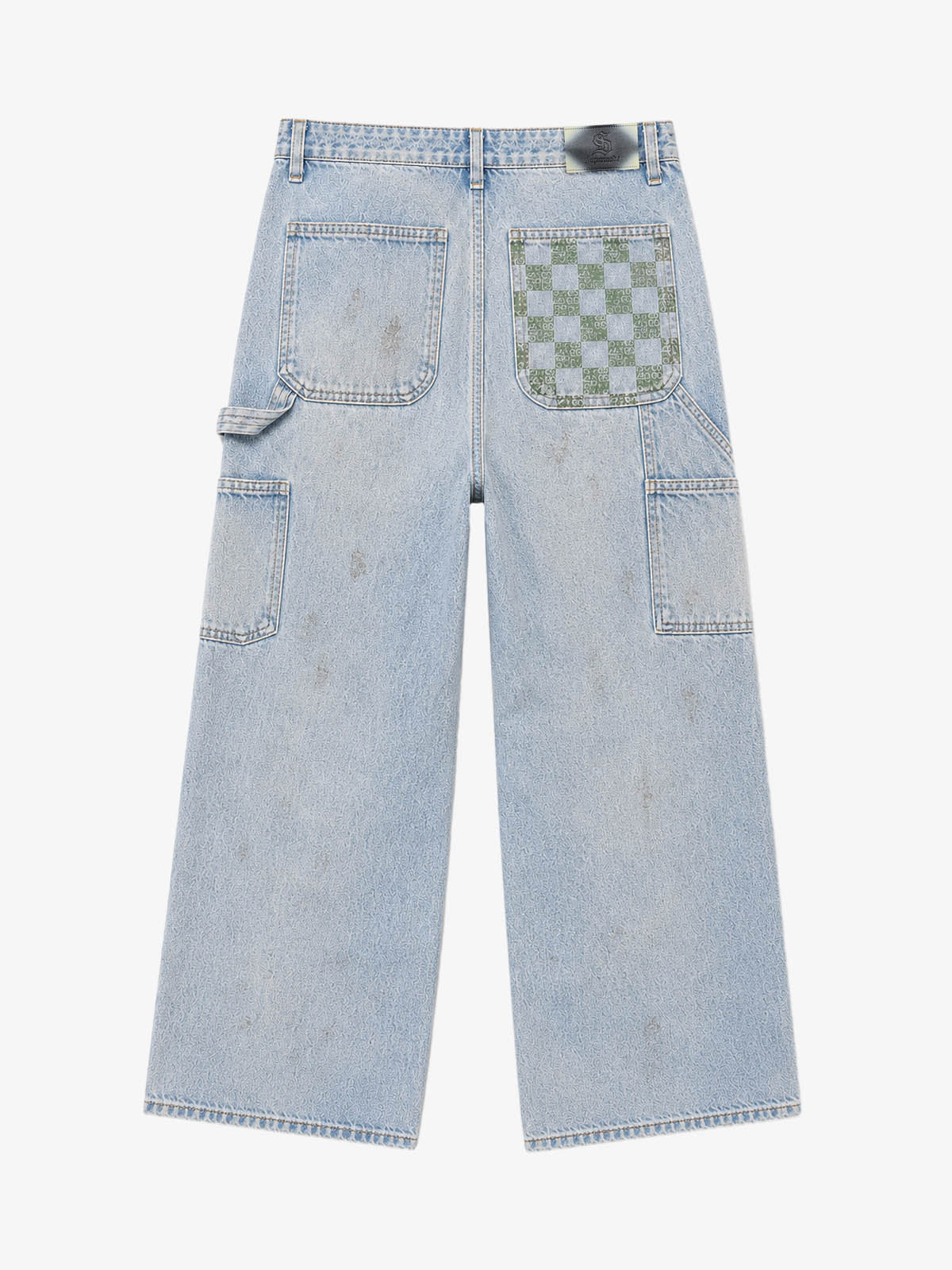 Checkerboard Knee-Ripped Distressed Wide-Leg Jeans