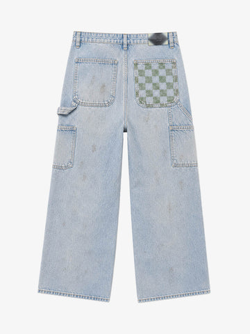 Checkerboard Knee-Ripped Distressed Wide-Leg Jeans