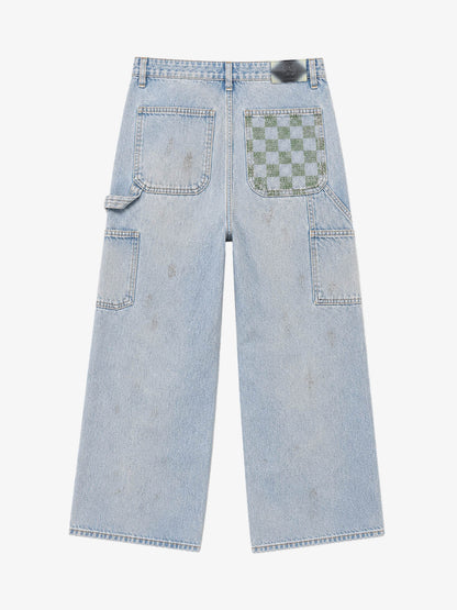 Checkerboard Knee-Ripped Distressed Wide-Leg Jeans