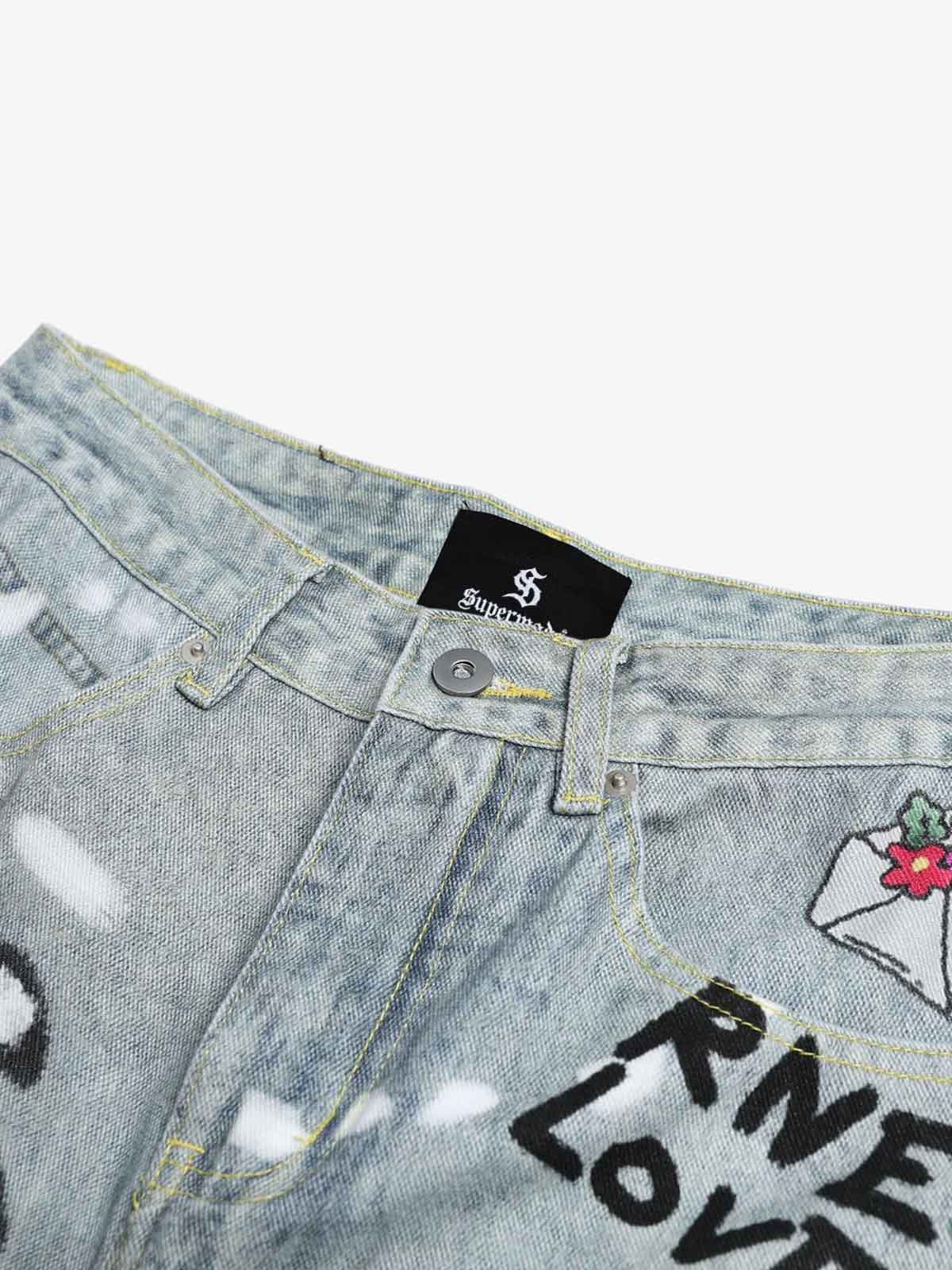 Denim Painted Animal Print Wide Leg Jeans with Cartoon Cat Dog Design 