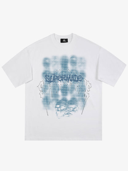 THE SUPERMADE Dark Grid Skull Graphic T-Shirt with Neon Drip Design 