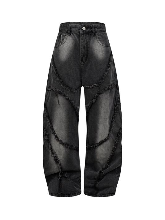 Washed Distressed Raw Edge Barrel Jeans - 2402