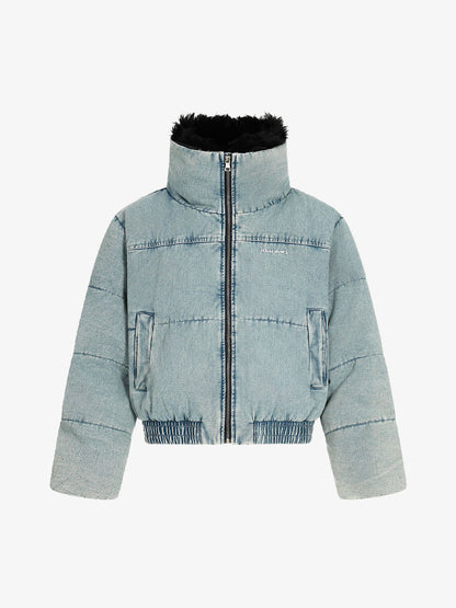 Retro Washed Denim Faux Fur Collar Quilted Jacket 