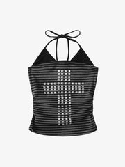 Striped Cross Rivet Detail Halter Cami Top