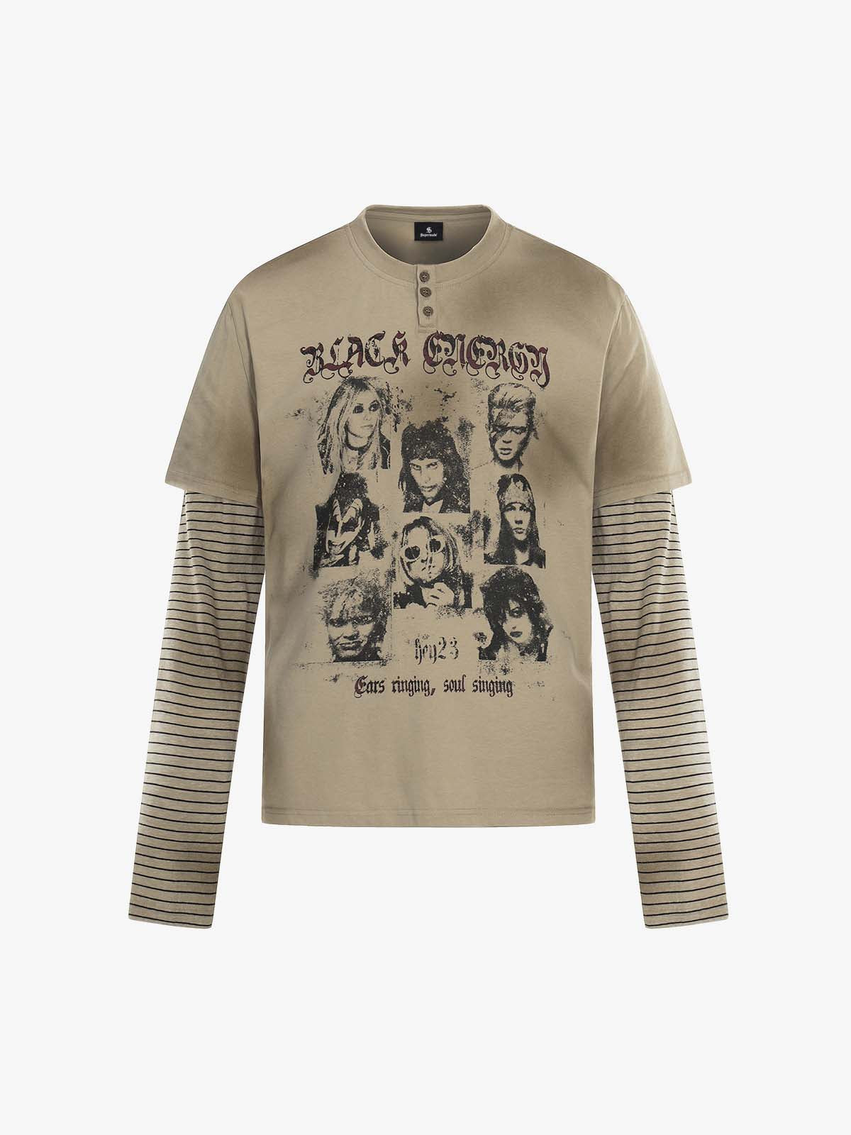 Vintage Band Portrait Graphic Layered Henley T-Shirt