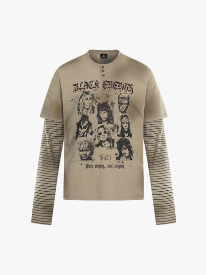 Vintage Band Portrait Graphic Layered Henley T-Shirt