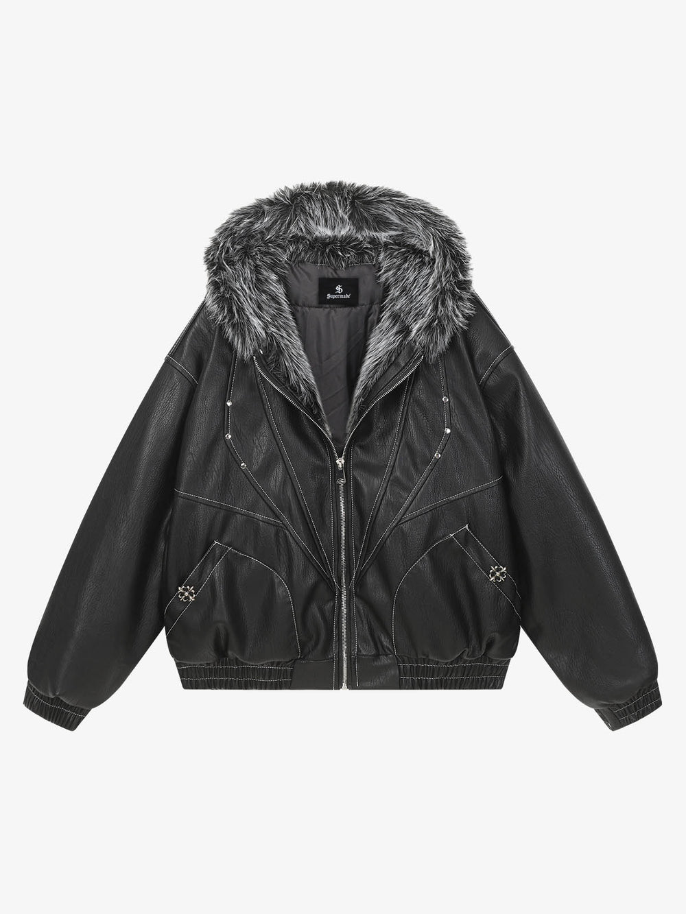 Mountain Eagle Fur-Collar Patchwork Faux Leather Jacket