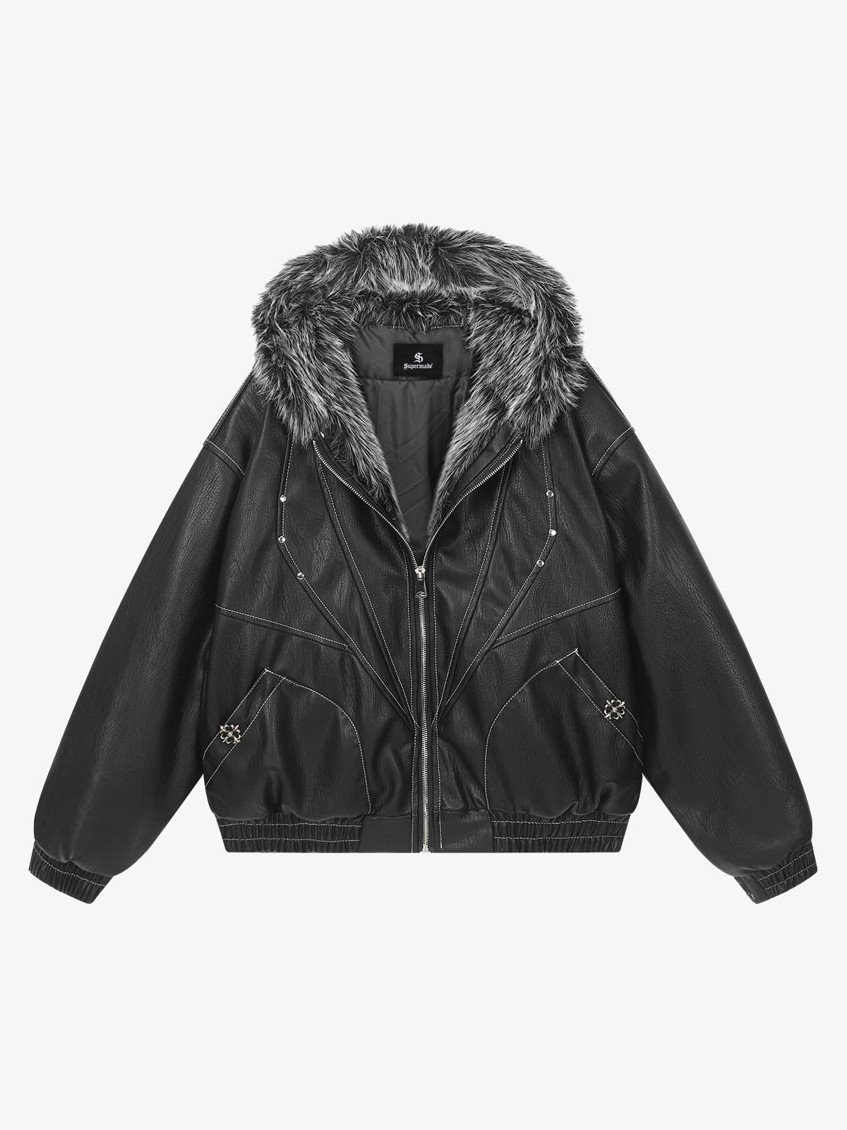 Mountain Eagle Fur-Collar Patchwork Faux Leather Jacket