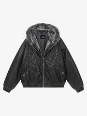 Mountain Eagle Fur-Collar Patchwork Faux Leather Jacket