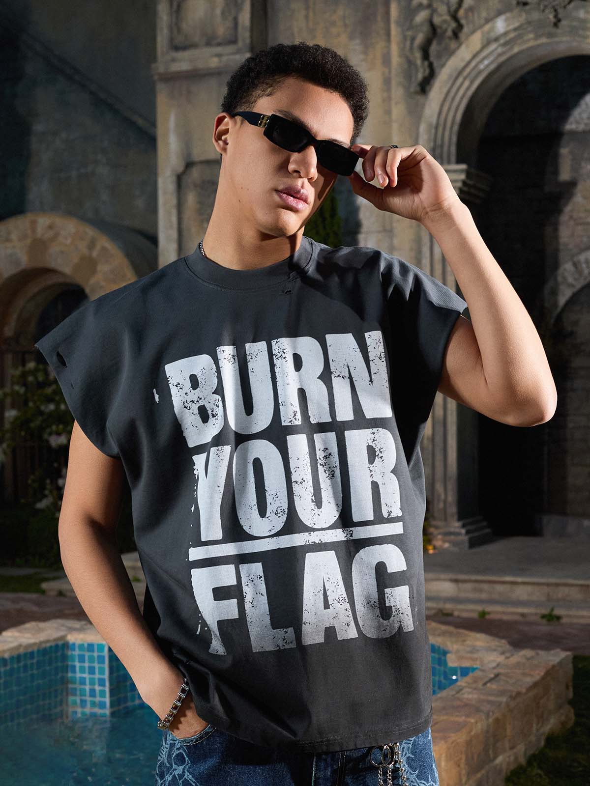 Supermade Distressed Ripped "Burn Your Flag" Sleeveless T-Shirt 