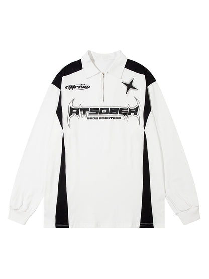 Thesupermade Star Color-Blocking Long Sleeve Quarter Zipper Shirt 