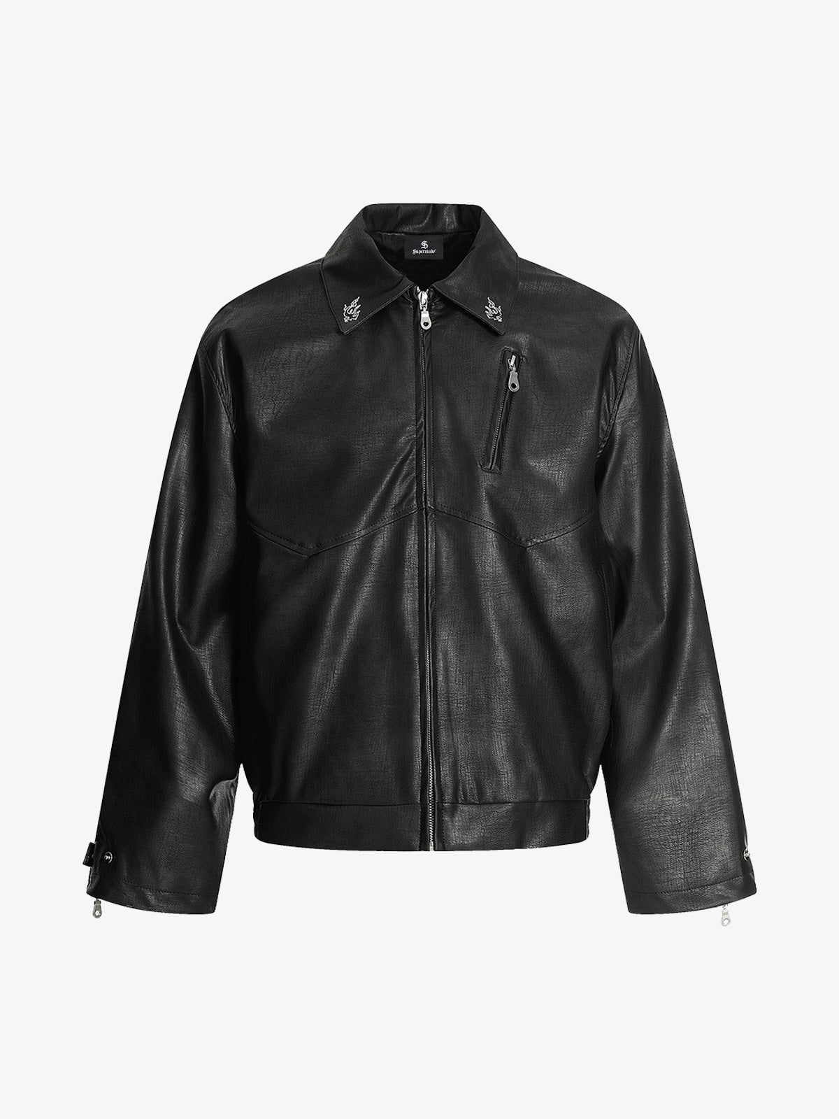 Vintage Embroidered PU Leather Lapel Jacket 