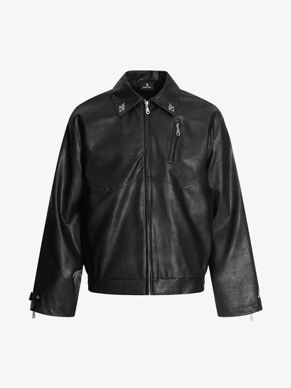 Vintage Embroidered PU Leather Lapel Jacket 