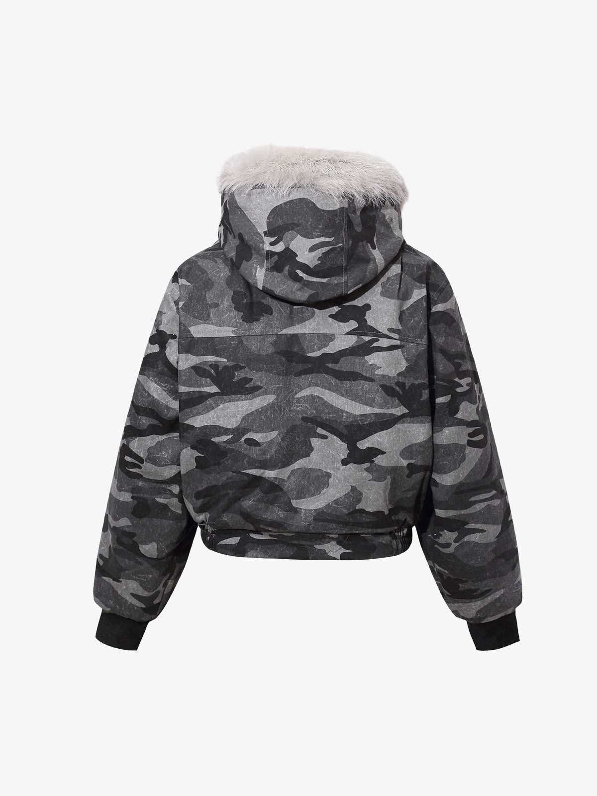 Vintage Camo Faux Fur Hood Padded Bomber Jacket 