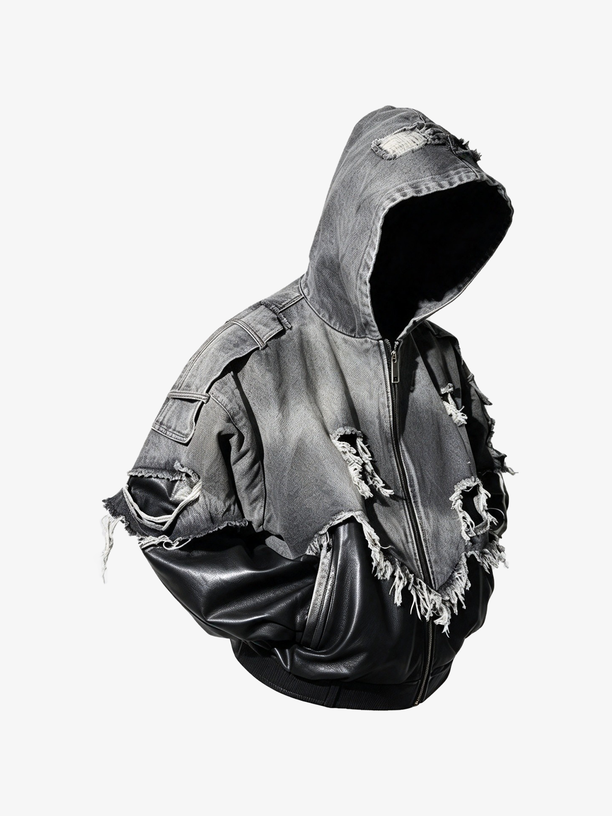 Distressed Patchwork Hooded Bomber Jacket