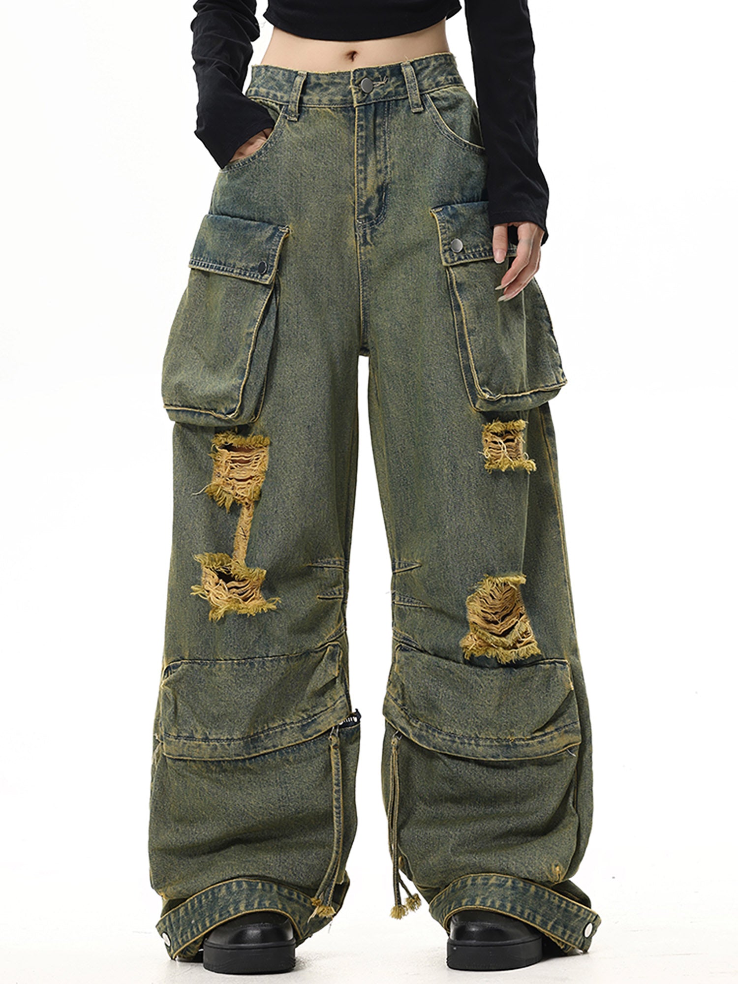 Thesupermade Wasteland Style Washed Distressed Work Cargo Jeans