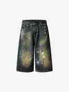 Light Wash Distressed Denim Shorts – Graffiti Print Wide-Leg Streetwear