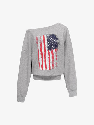 Flag Print Off-Shoulder Sweatshirt