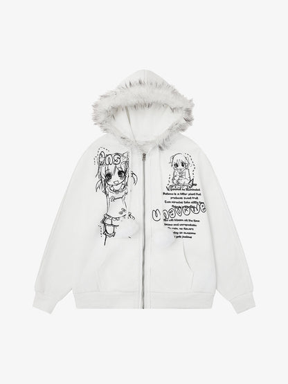 Retro Plush Collar Cartoon Anime Zip-Up Hoodie 