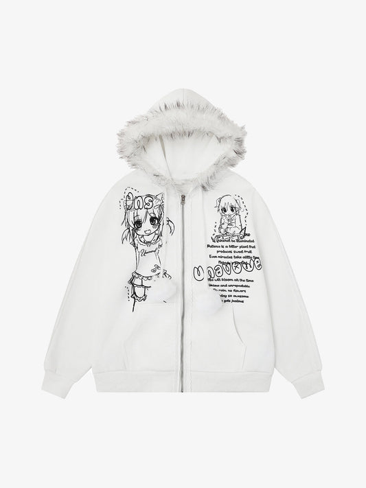 Retro Plush Collar Cartoon Anime Zip-Up Hoodie 