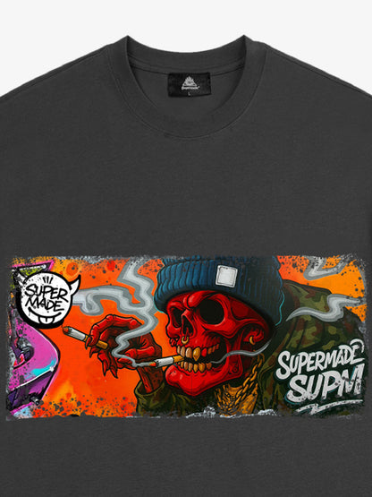 Thesupermade Distressed Blood Red Skull Graffiti T-shirt 