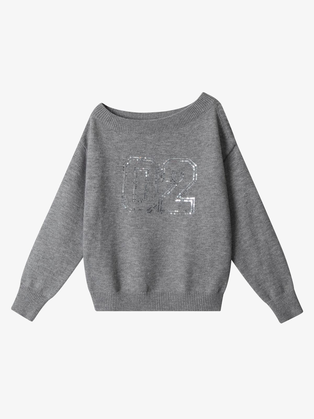 Off-Shoulder Sequin Number Graphic Sweater