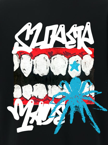 Oversized Flame Logo Skull Print T-Shirt with Ripped Hem 