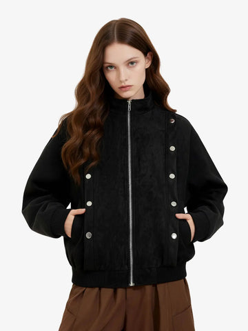 Vintage Stand Collar Metal Button-Structured Bomber Jacket 