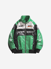 Asymmetric Racing Graphic Color Block Faux Leather Jacket