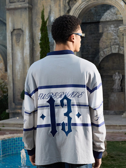 Supermade Color-Blocked Polo Collar Embroidered Print Long-Sleeved Jersey 