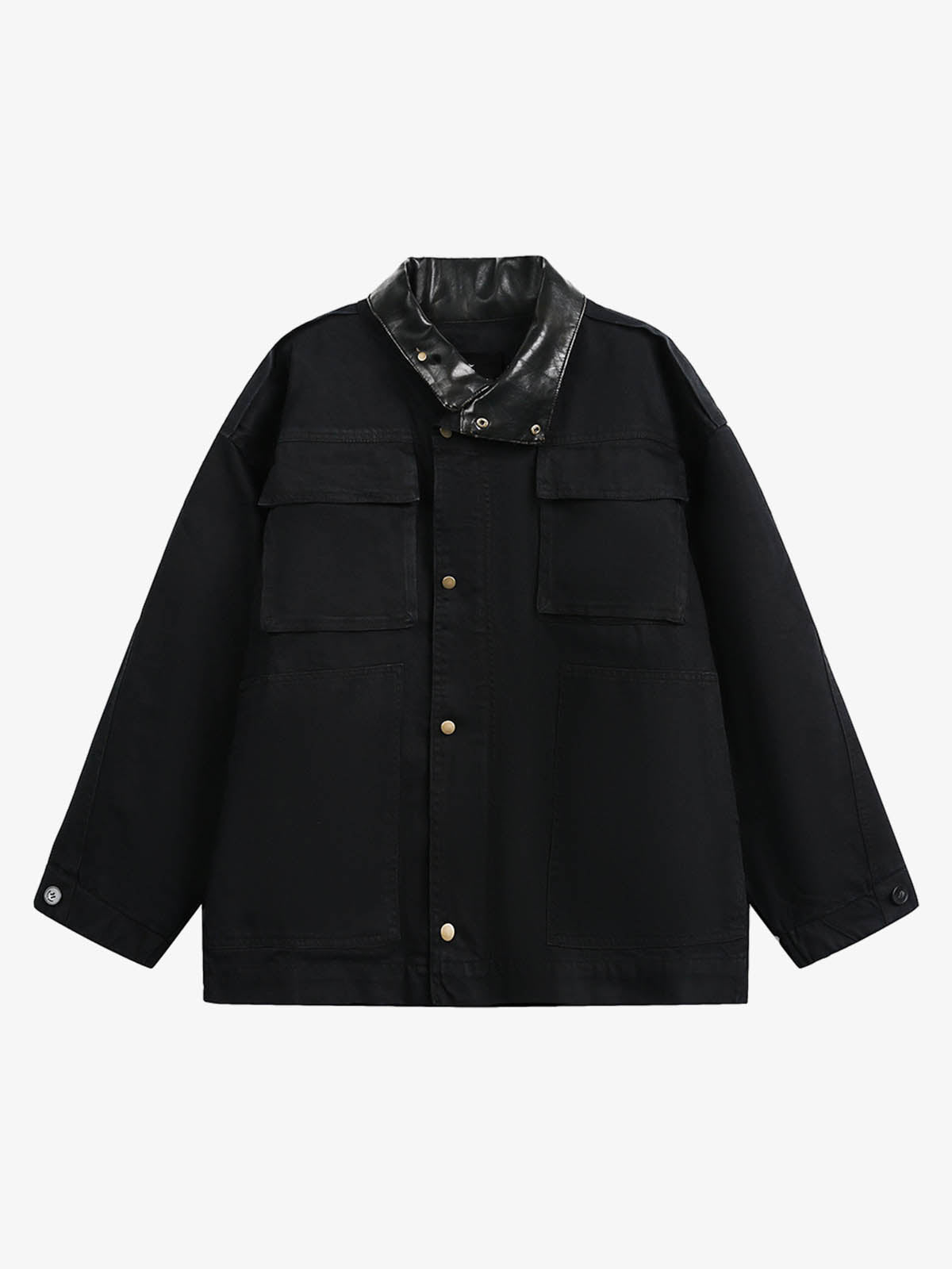 Leather Contrast Fold-Over Collar Multi Pocket Jacket