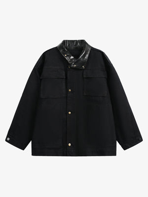 Leather Contrast Fold-Over Collar Multi Pocket Jacket