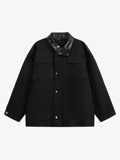 Leather Contrast Fold-Over Collar Multi Pocket Jacket