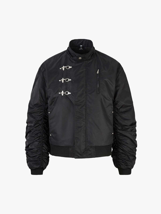 Detachable Faux Fur Collar Ruched Sleeve Bomber Jacket 