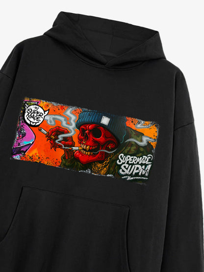 Thesupermade Distressed Blood-red Skull Graffiti Hooded Sweatshirt 