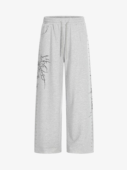 Floral Line Art Studded Wide Leg Drawstring Sweatpants