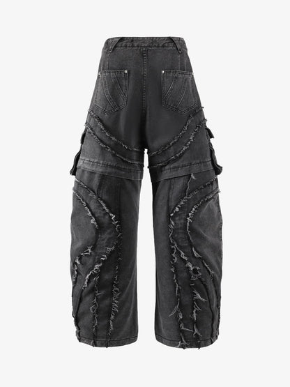 Retro Patchwork Frayed-Edge Heavy-Duty Jeans 