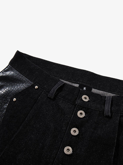 Black Denim Jacket with Croc-Embossed Trim – Metal Snap Button Streetwear Jacket