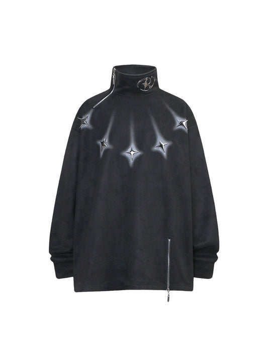 Thesupermade Metal Button Multi Zipper Suede Fleece Sweatshirt 