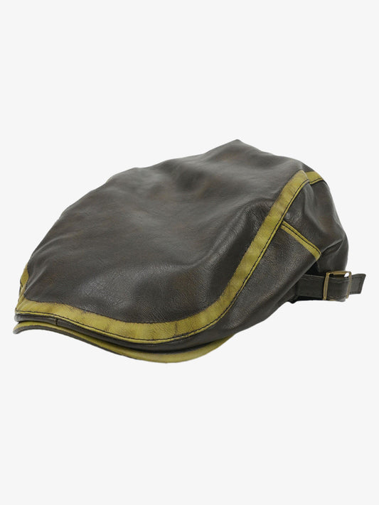 Leather Flat Cap with Olive Trim - Vintage Style Newsboy Hat for Men 