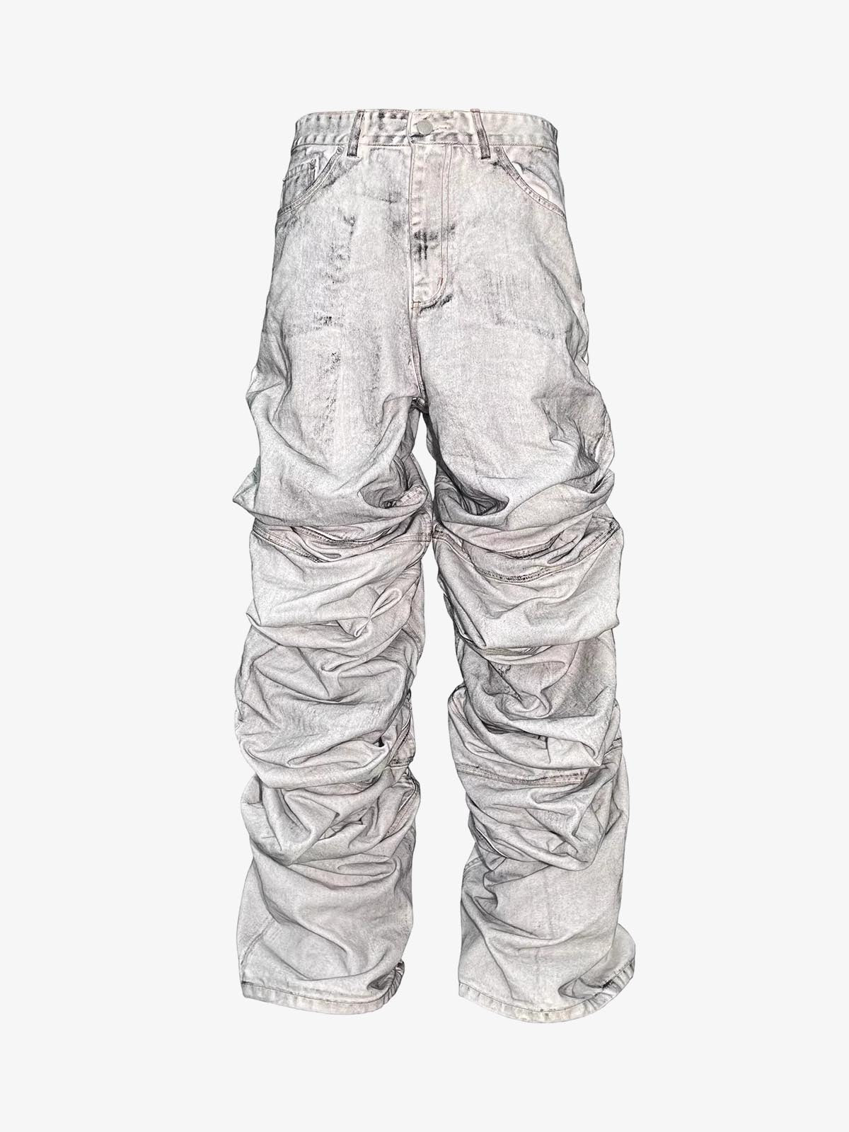 Distressed Ruched Wide Leg Denim Jeans