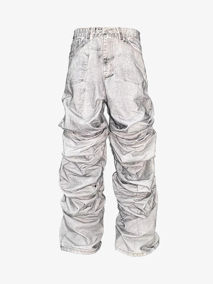 Distressed Ruched Wide Leg Denim Jeans