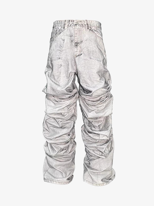 Distressed Ruched Wide Leg Denim Jeans