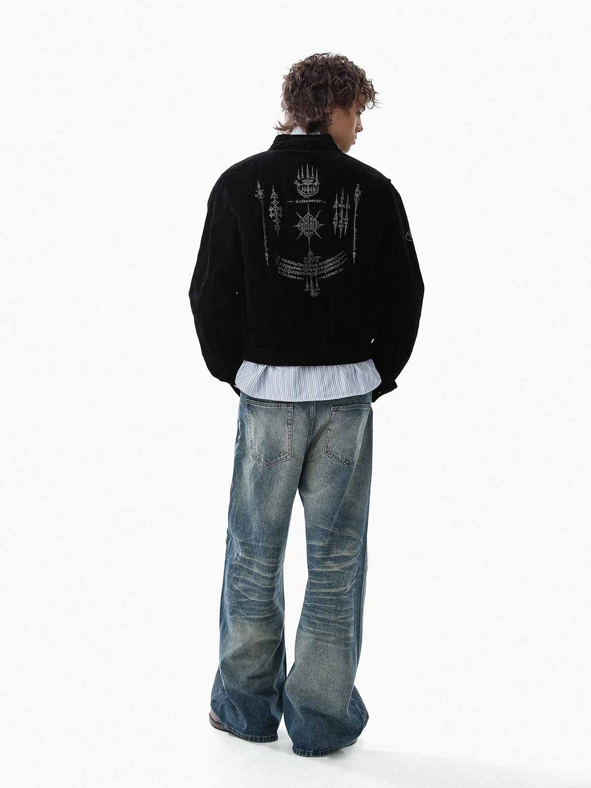 Vintage Suede Embroidered Toggle-Buckle Stand Collar Down Jacket 