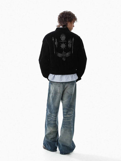 Vintage Suede Embroidered Toggle-Buckle Stand Collar Down Jacket 