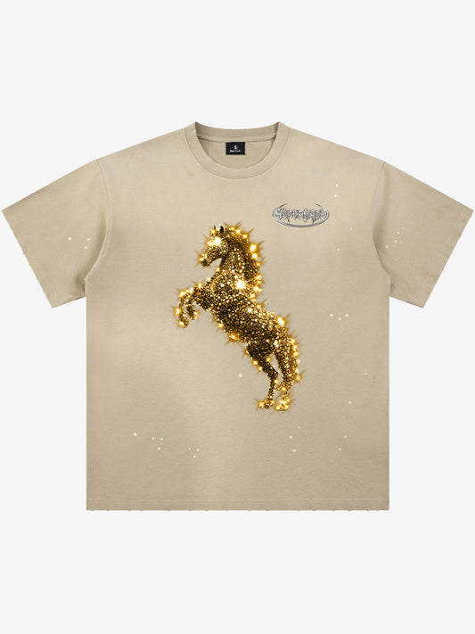 Unisex Washed Ink Blending Dual Color Cotton Horse Year Embroidered Diamond Horse Element Pattern Short-Sleeve T-Shirt 