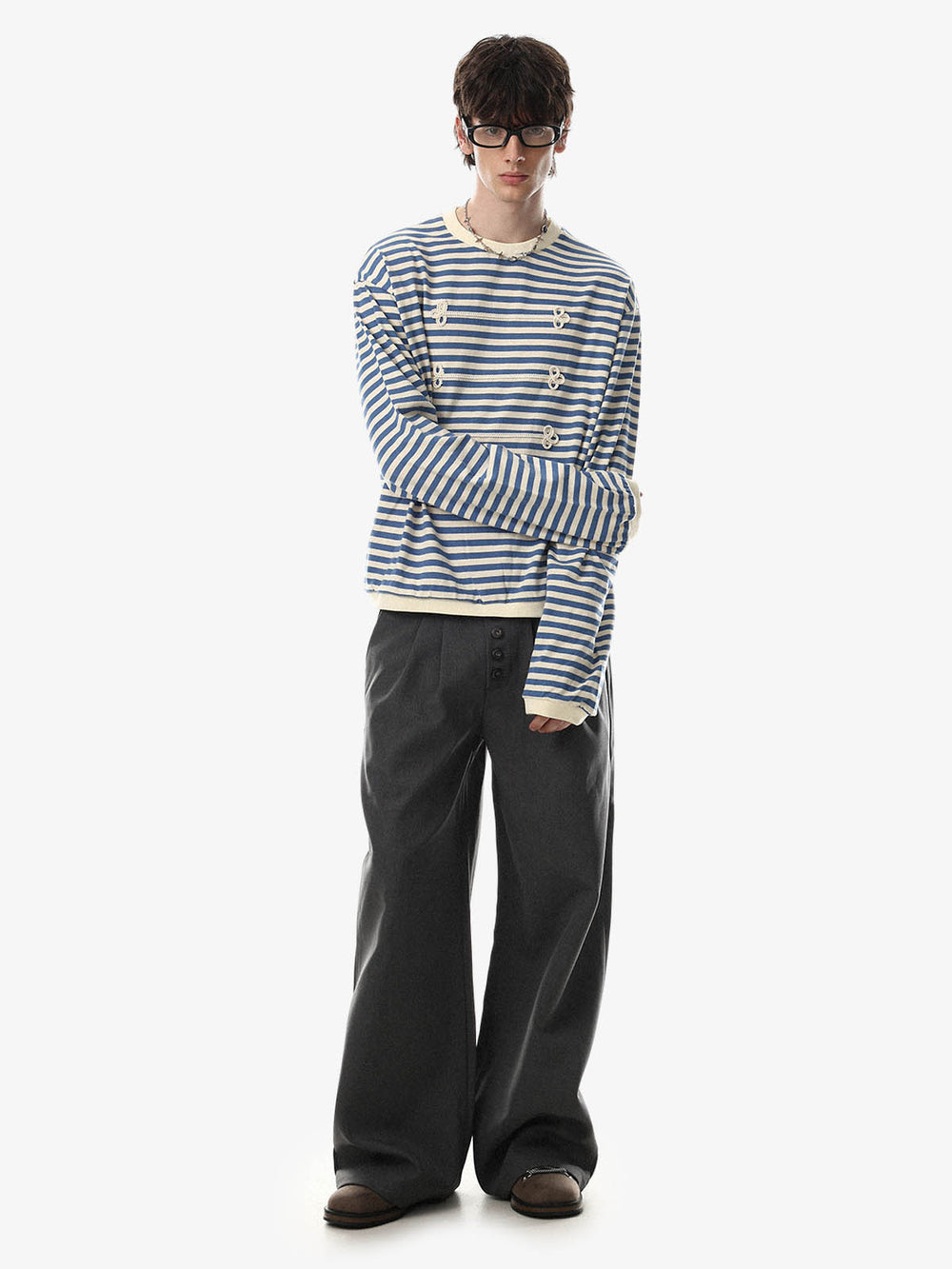 Striped Frog-Button Long Sleeve Tee