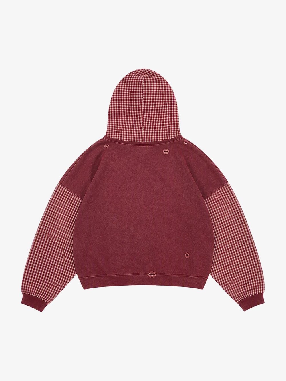 Plaid Paneled Distressed Cropped Zip Hoodie