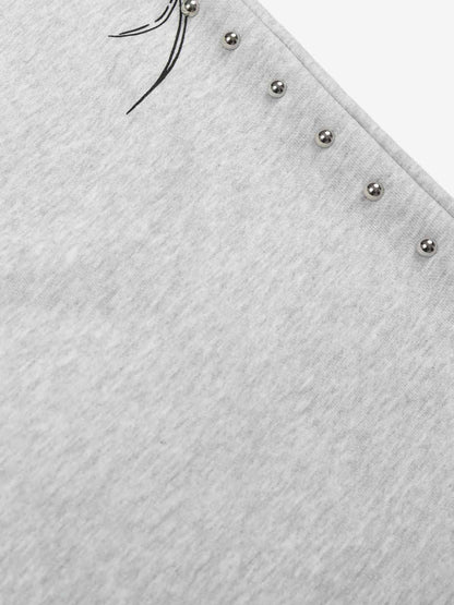 Floral Line Art Studded Wide Leg Drawstring Sweatpants