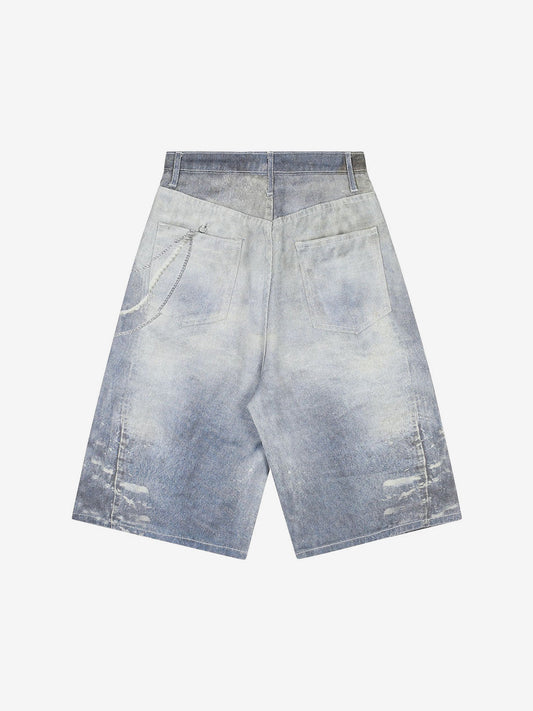 Thesupermade American Street 3D Print Retro Washed Denim Shorts 